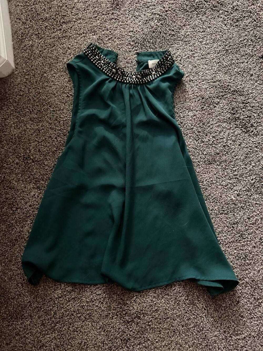 Sugar + Lips Dark Green Sleeveless Beaded Collar Blouse